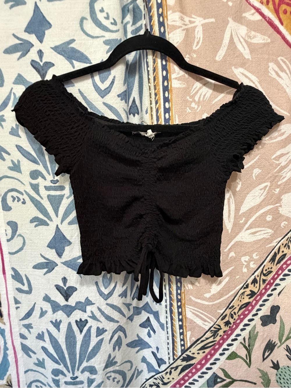 Black Smocked Off-Shoulder Ruched Crop Top
